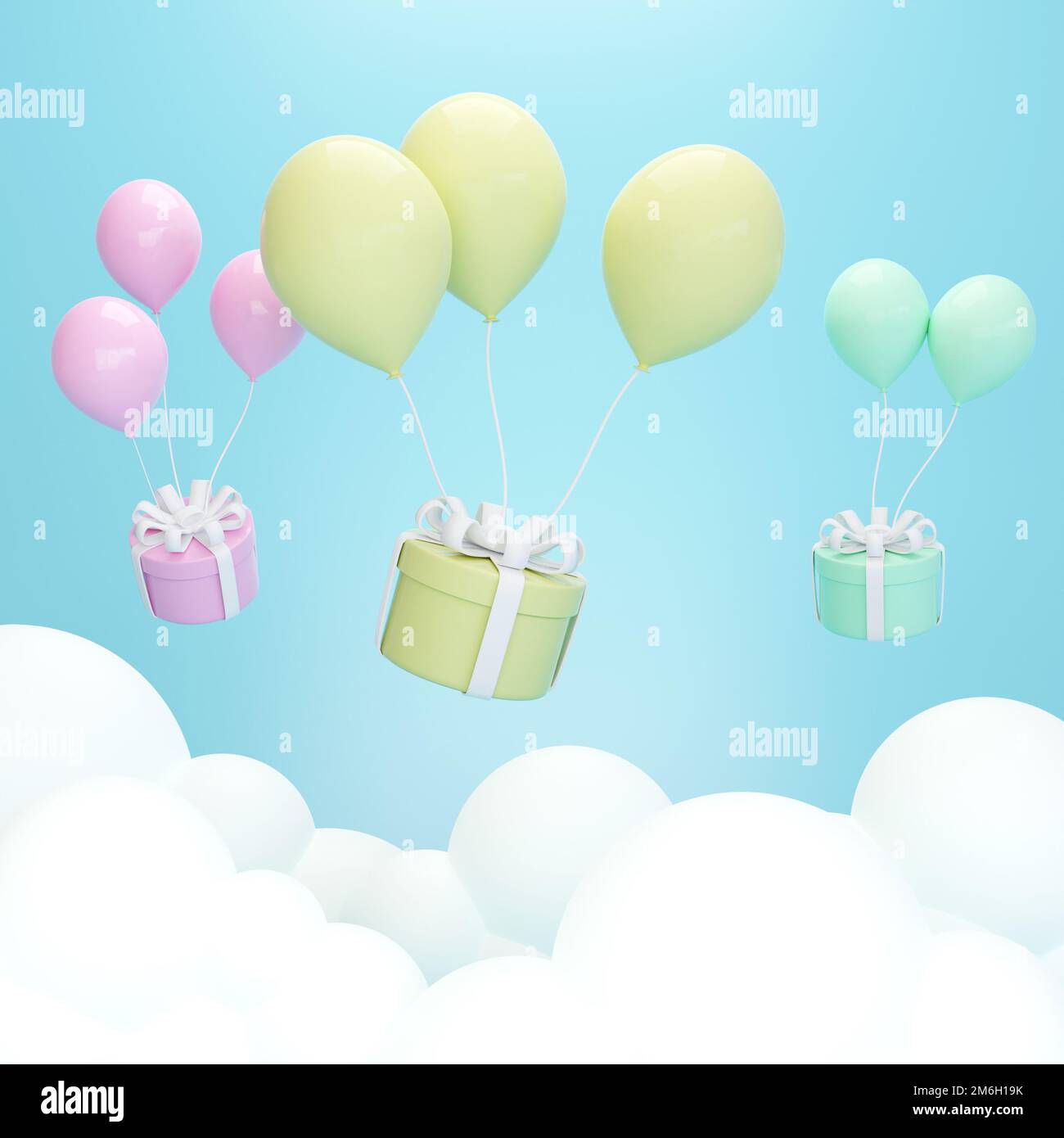 3D rendering pastel gift box with balloon on cloud Stock Photo - Alamy