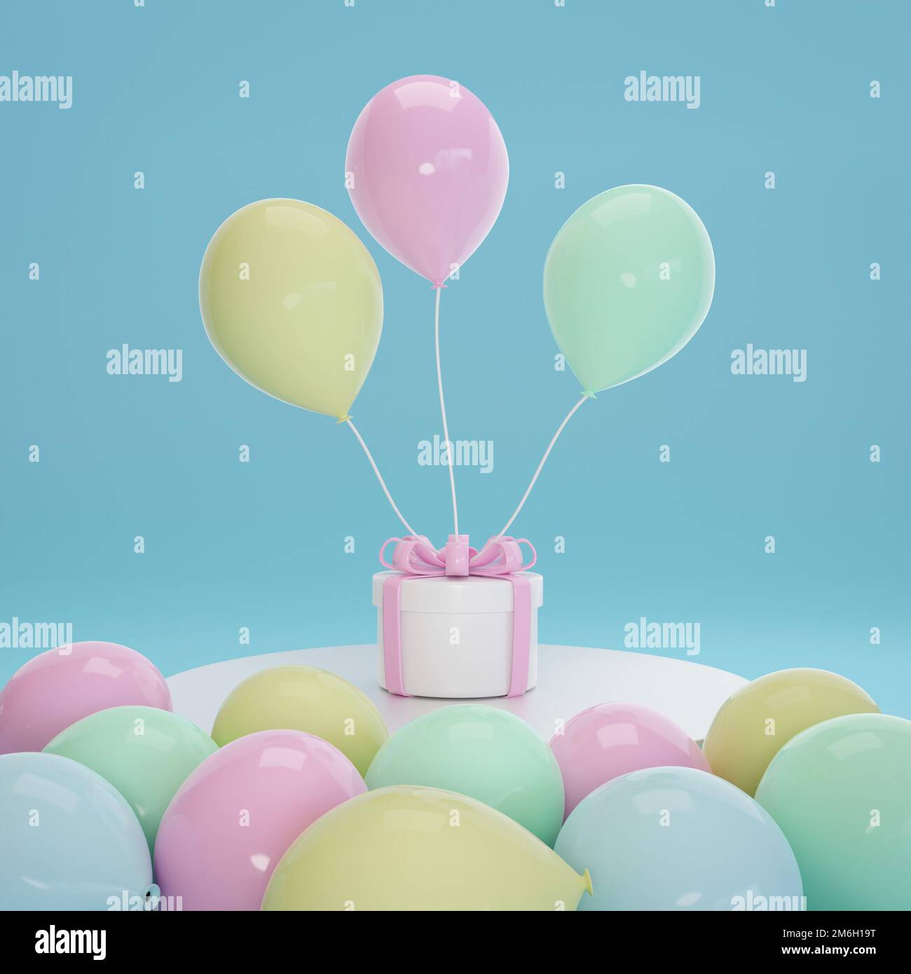 3D rendering white gift box with pastel balloon on turntable Stock ...