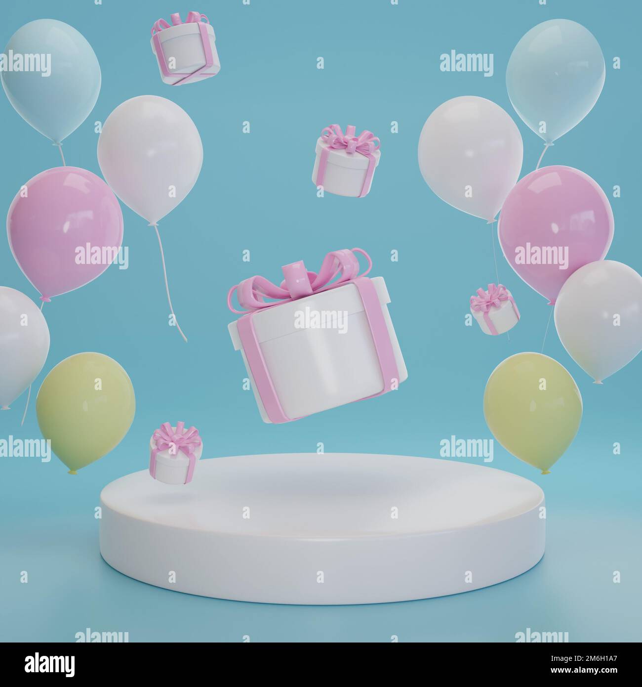 3D rendering white gift box with pastel balloon on blue background ...