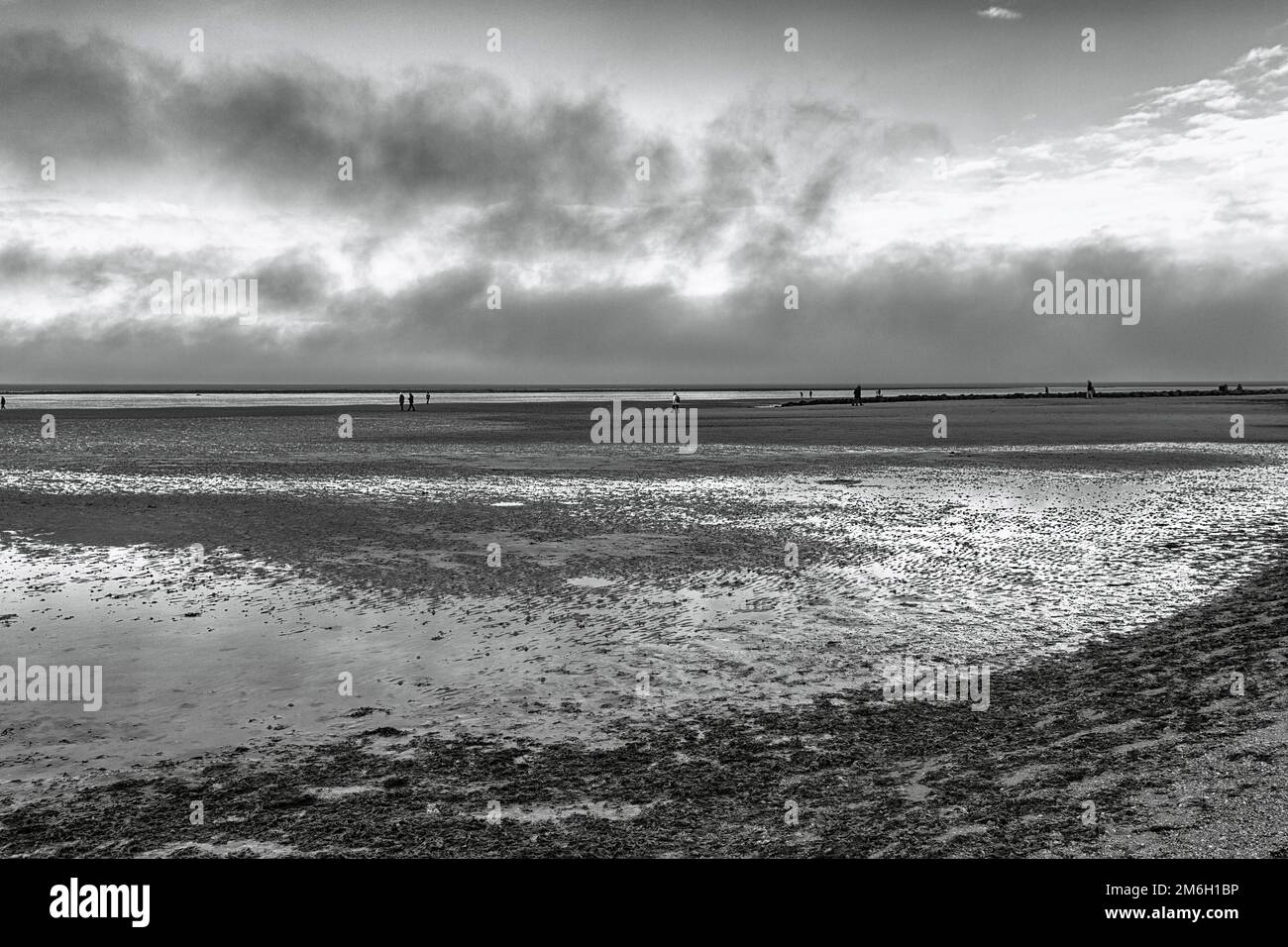 View of the dreary Wadden Sea in autumn, walkers on the horizon, black and white photo, Utersum, Schleswig-Holstein Wadden Sea National Park, Foehr Stock Photo