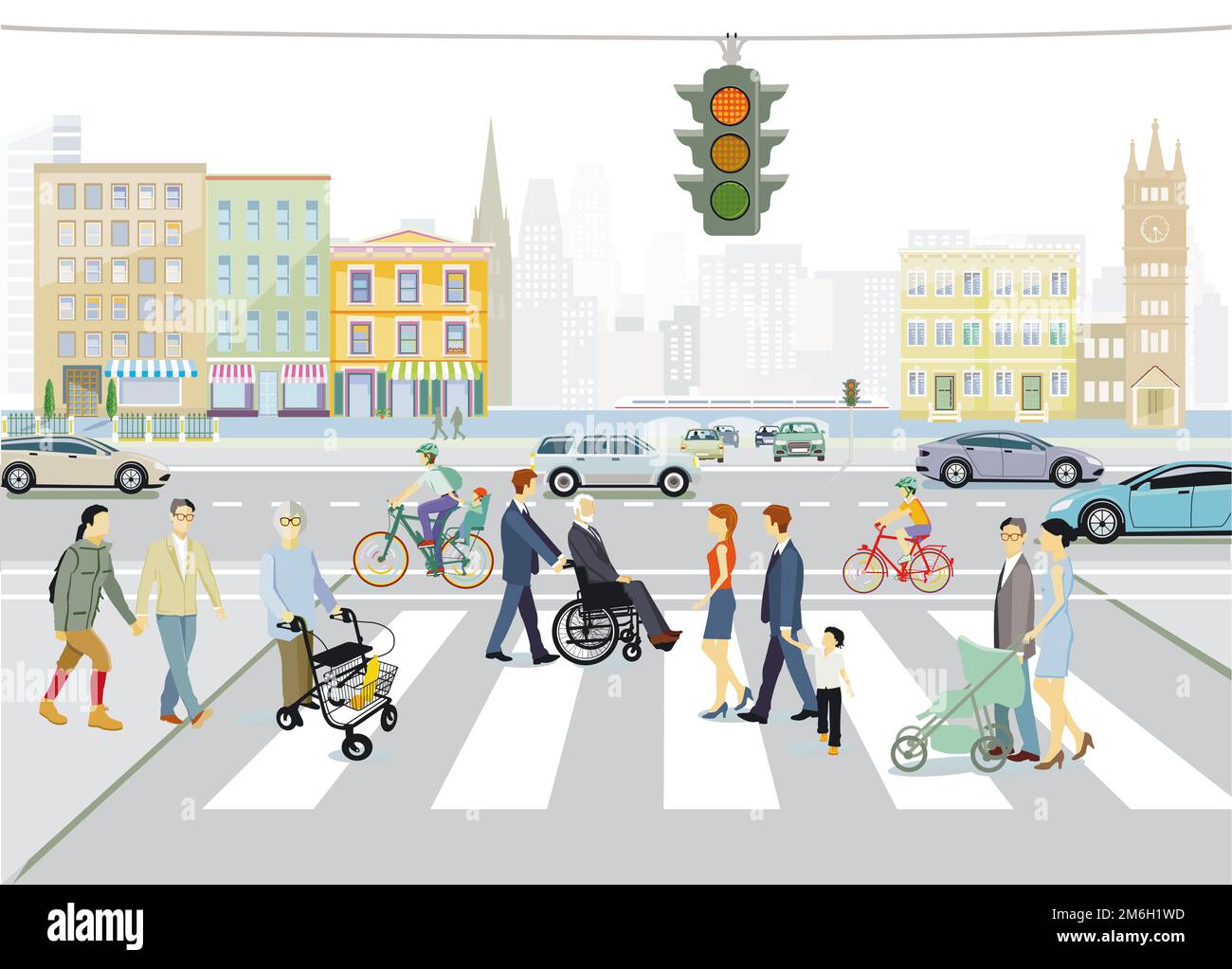 Big city with pedestrians and road traffic, illustration Stock Photo ...