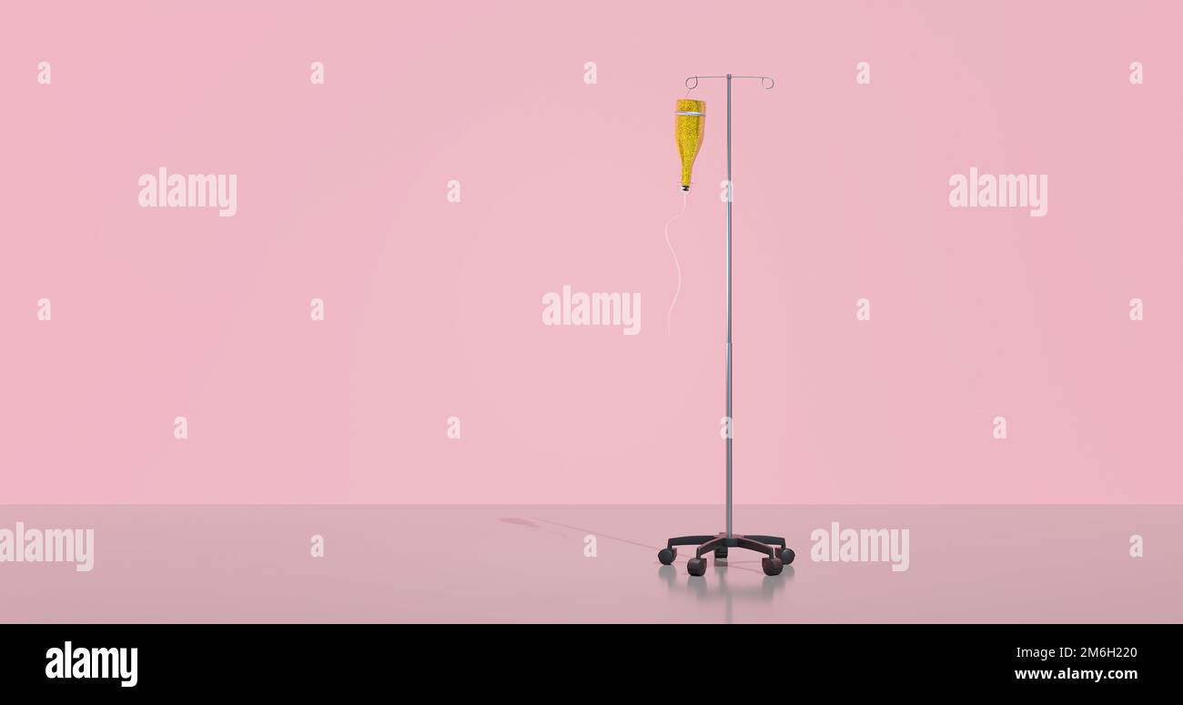 3d illustration, 3d rendering. Bottle of champagne hanging in drip stand. Stock Photo