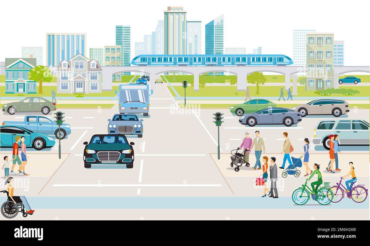 Big city with pedestrians and road traffic, illustration Stock Photo ...