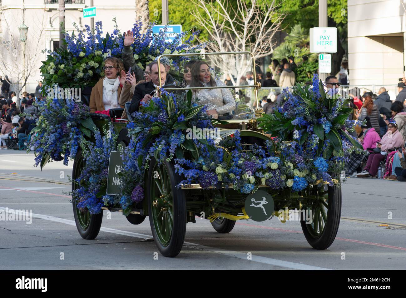Pasadena, California, United States - January 2, 2023: Gabby Giffords is shown riding the 134th Rose Parade as grand marshall. Stock Photo