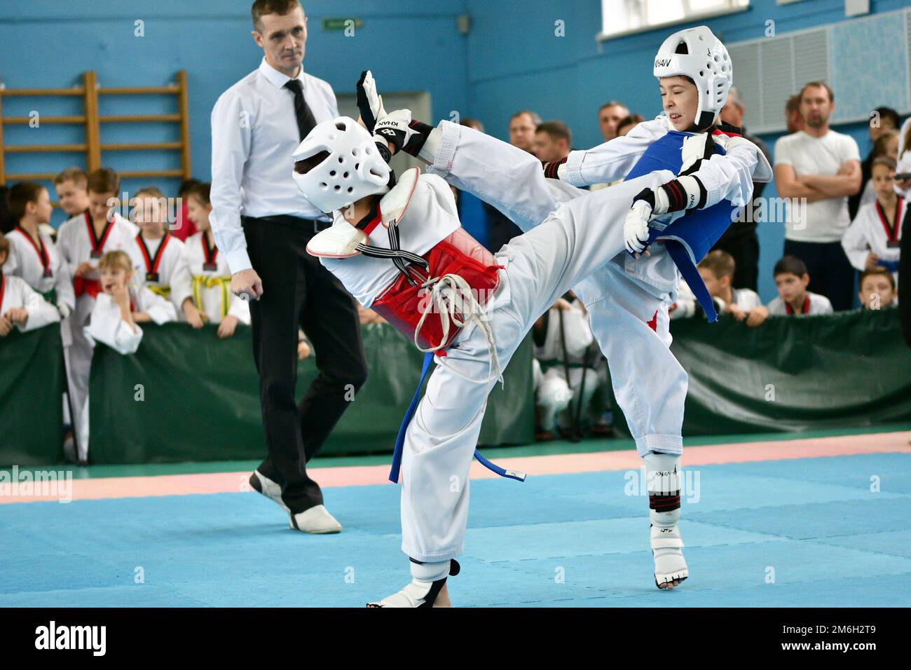 Orenburg, Russia - October 19, 2019: Boy compete in taekwondo (Korean martial arts) at Orenburg Open Stock Photo