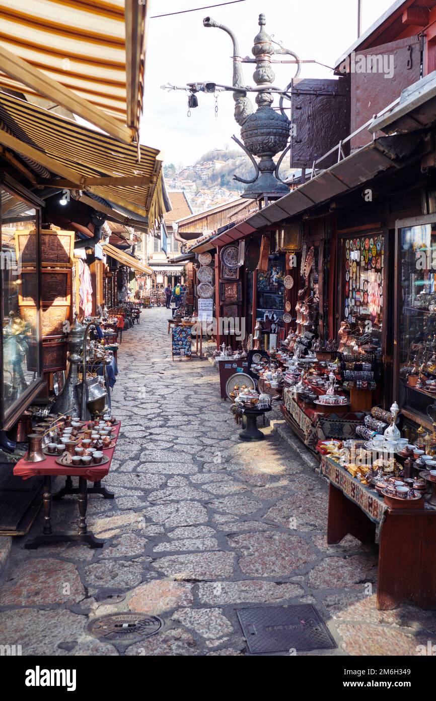 A view of a the city centre market in the valley city of Sarajevo Stock Photo