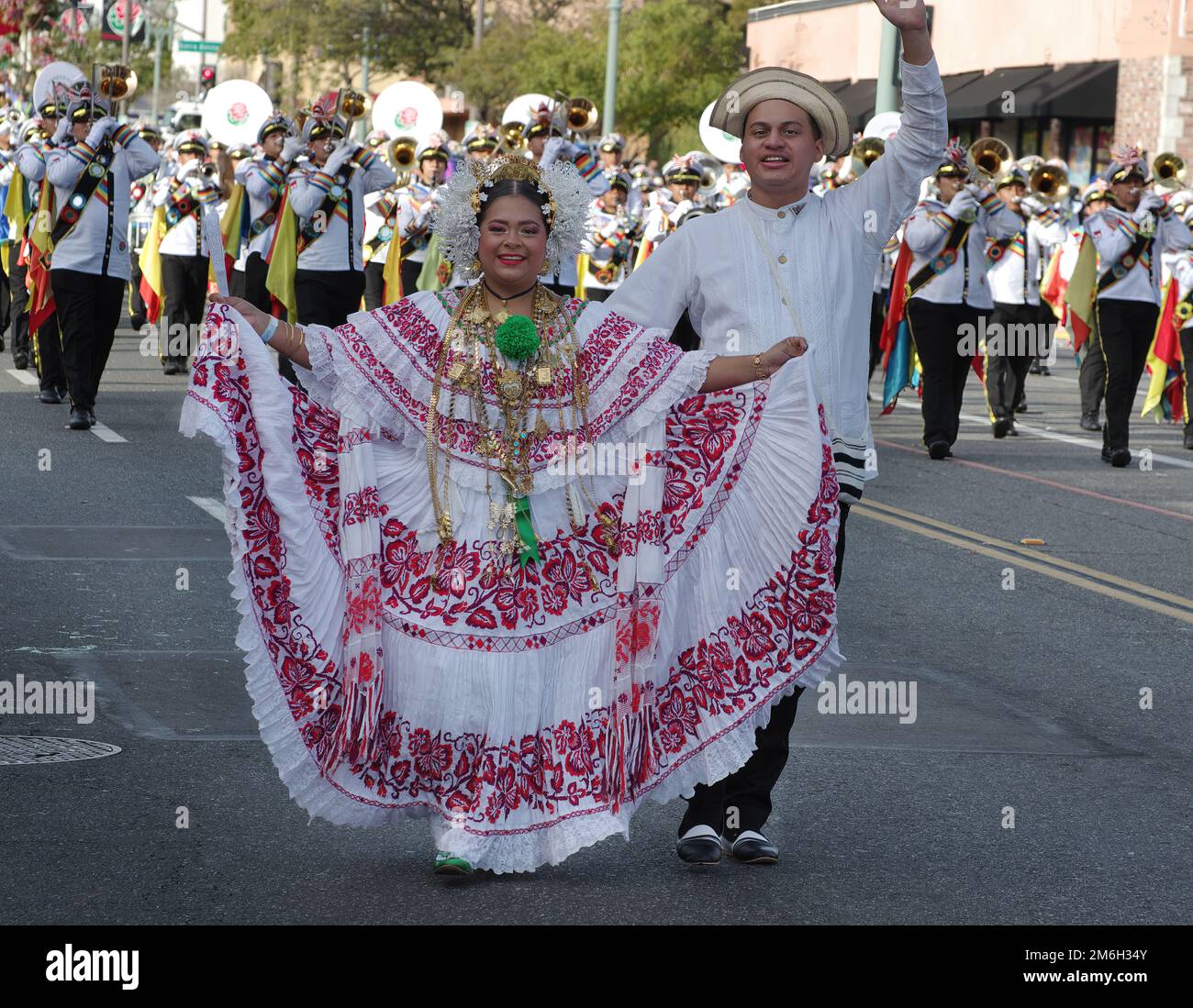 Pasadena, California, United States - January 2, 2023: unidentified young Panamanian dancers wearing traditional costumes and jewlery shown performing Stock Photo