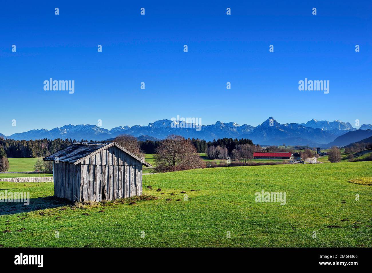 Alpine panorama near the climatic health resort Oy-Mittelberg, Zugspitze on the right, Saeuling on the left, Allgaeu, Bavaria, Germany Stock Photo