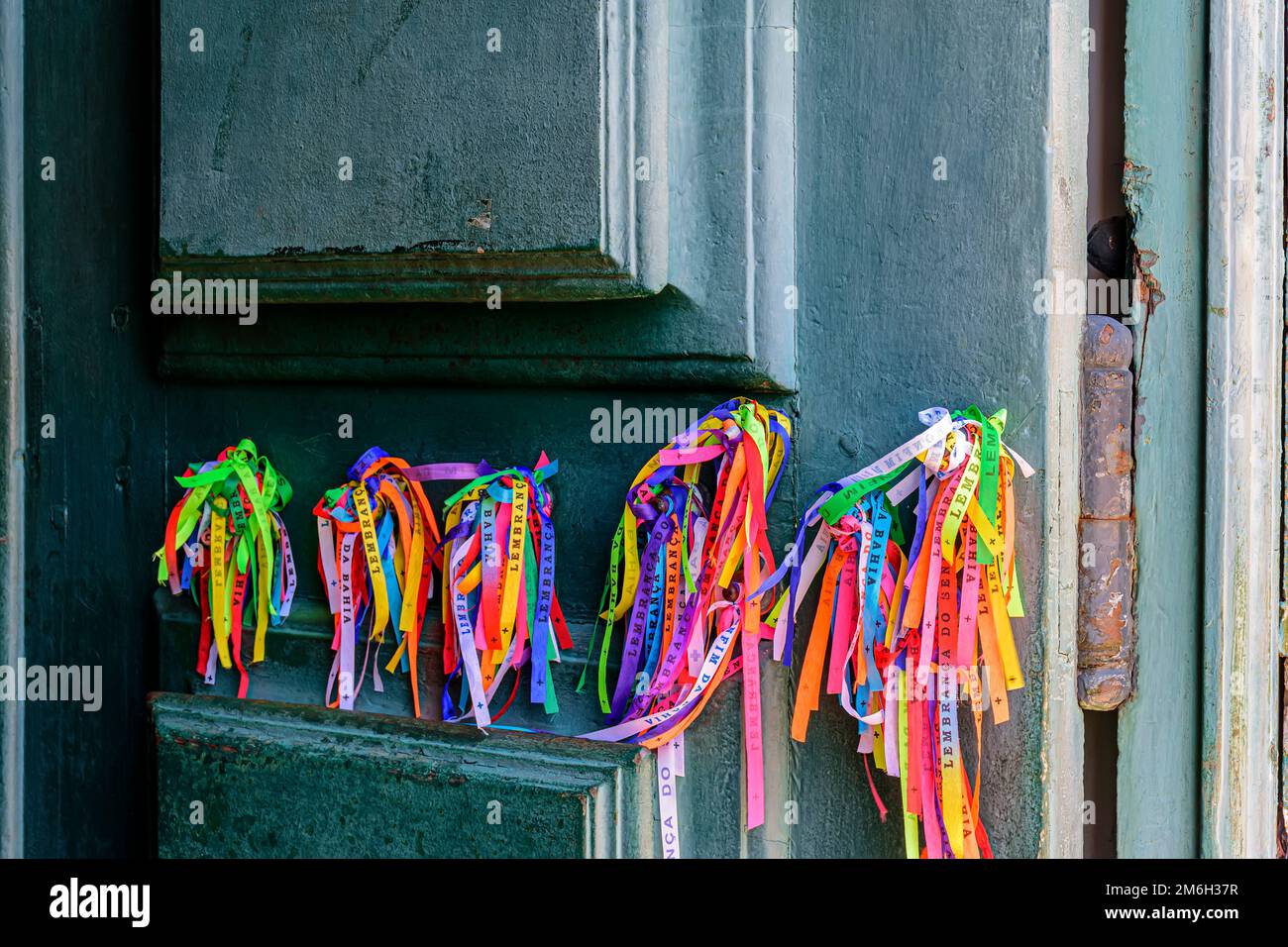 Ribbons of Our Lord of Bonfim tied to the door of the church Stock ...