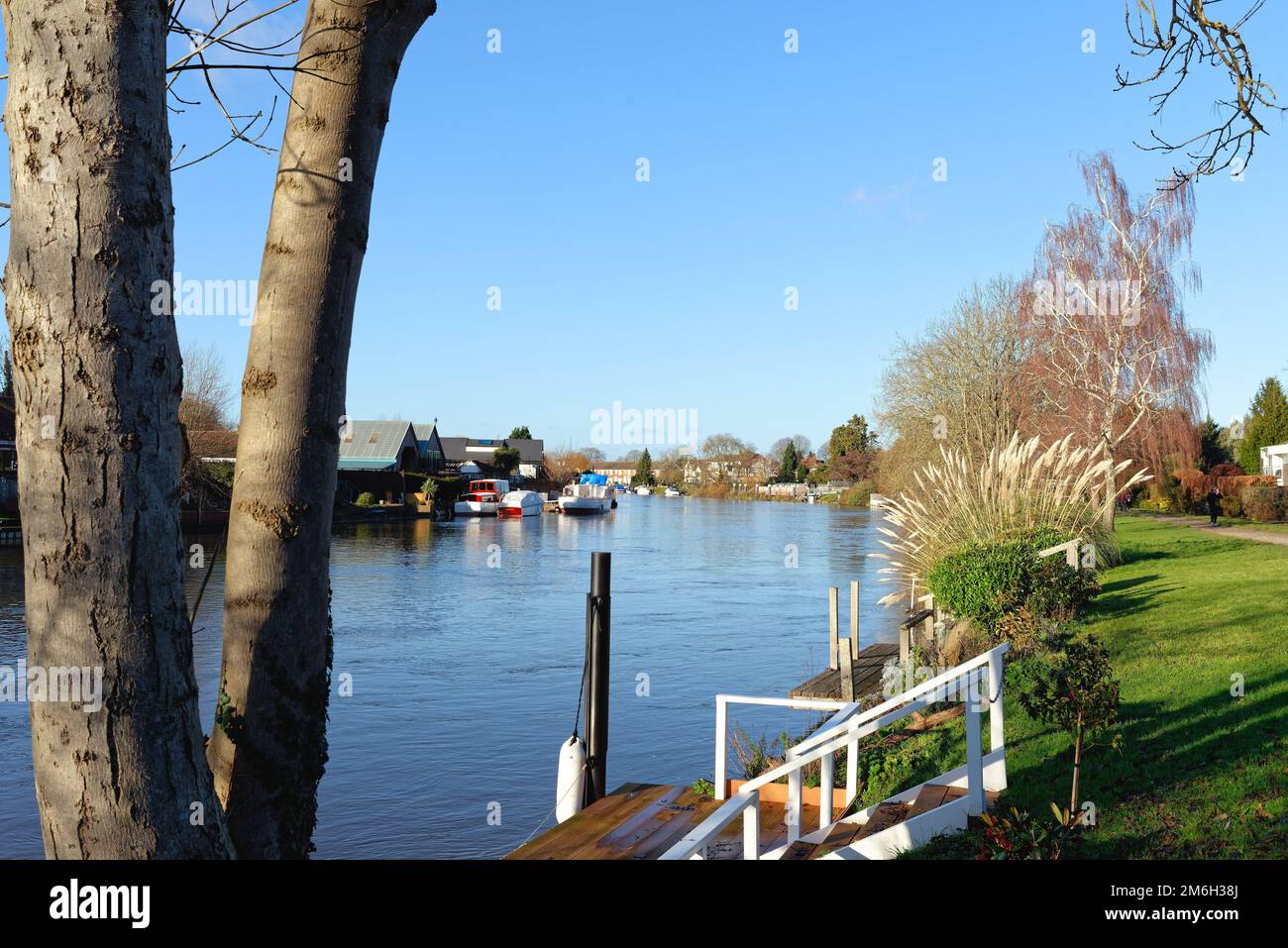 The River Thames and riverside at Laleham Staines on a sunny winters