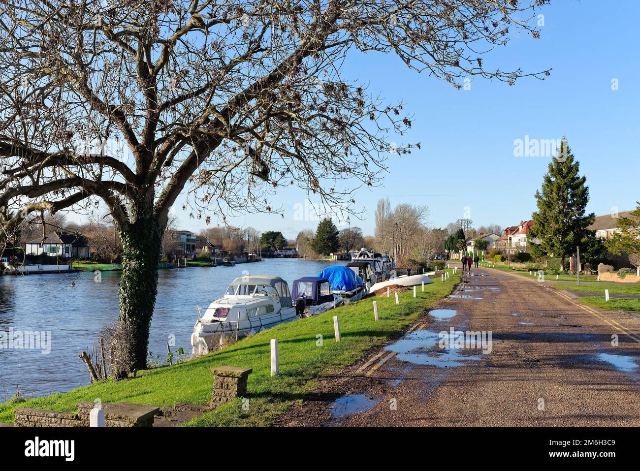 The River Thames and riverside at Laleham Staines on a sunny winters