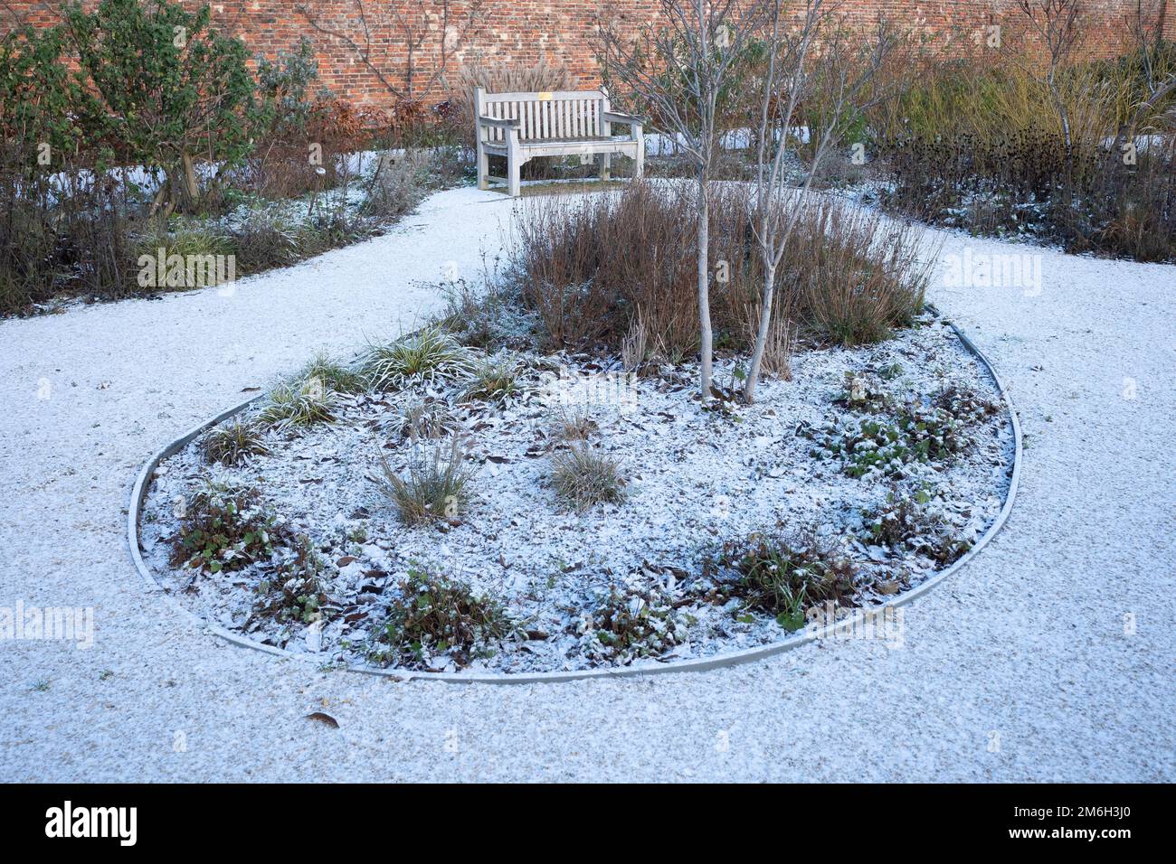 A seat in the Kirkleatham Walled Garden with an oval flower bed in front with the first snowfall of winter Stock Photo