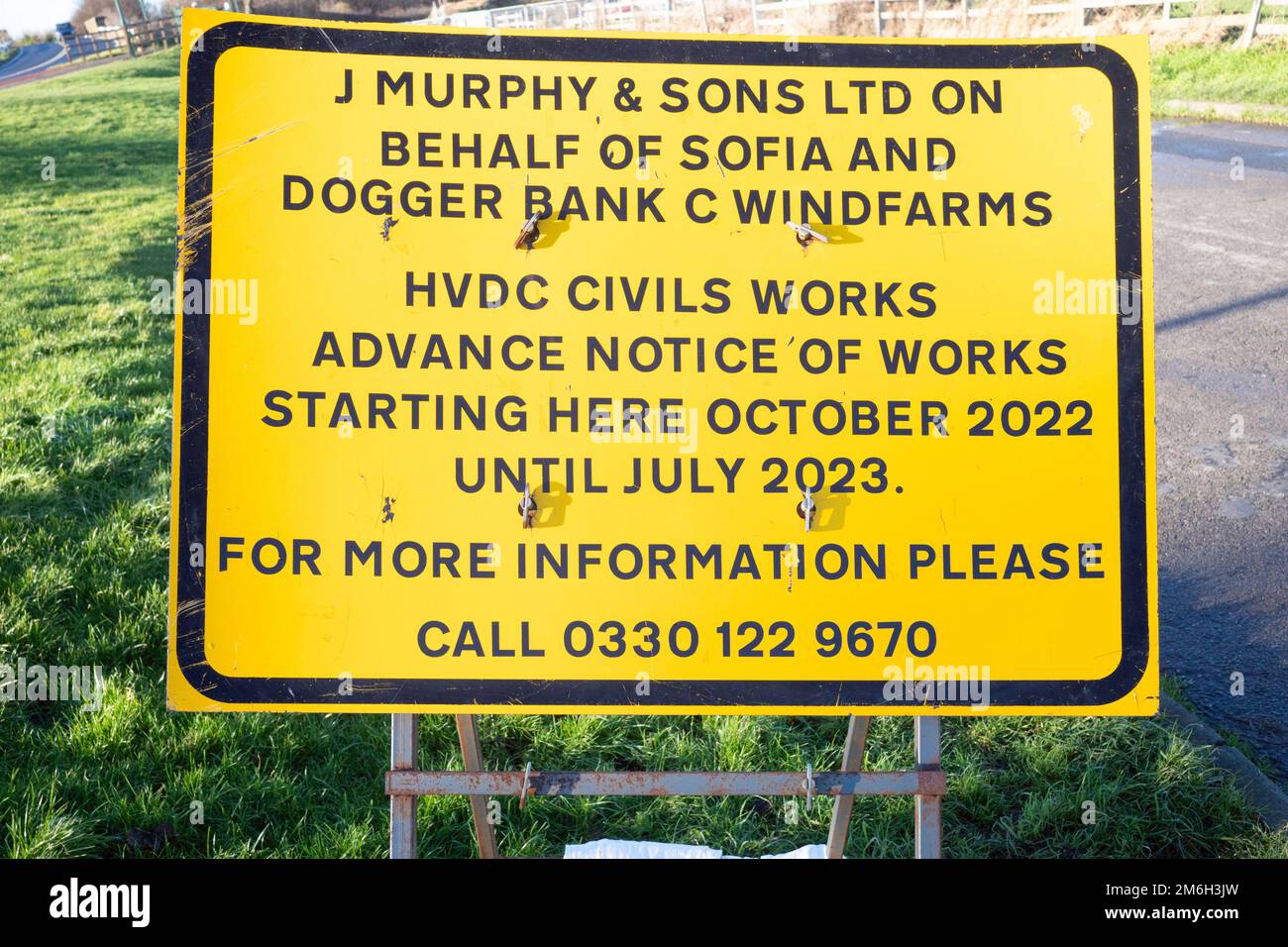 An Information notice at the power cable landing site for HV cables from Sofia and Dogger Bank C in Marske Redcar North Yorkshire UK Stock Photo