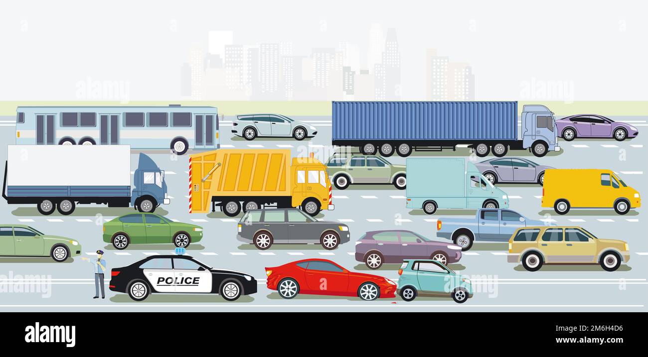 Highway with trucks and passenger cars, illustration Stock Photo