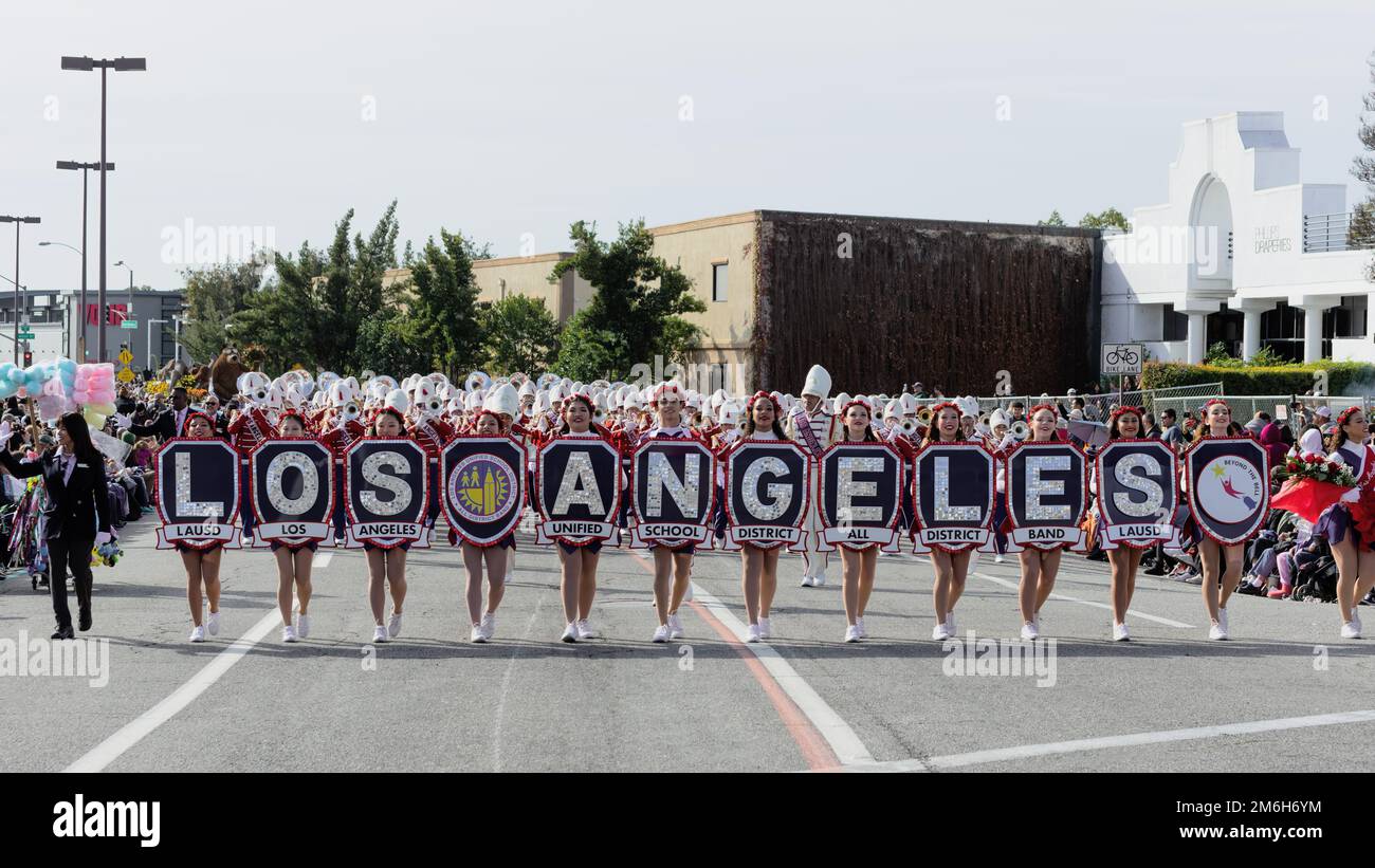 Pasadena, California, United States - January 2, 2023: LAUSD, Los Angeles Unified School District marching band shown at the 134th Rose Parade. Stock Photo