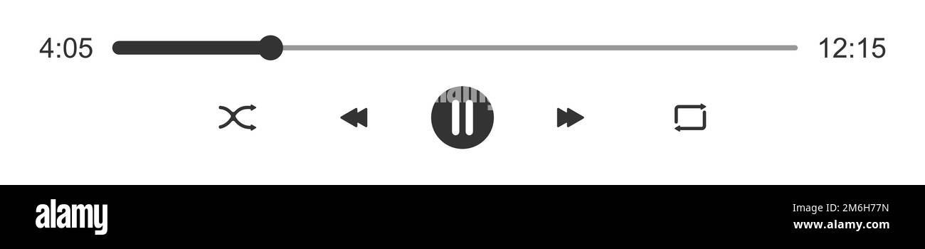 Audio or video player loading progress bar with time slider. Pause, shuffle, repeat, rewind and fast forward buttons. Simple template of media player playback interface. Vector graphic illustration Stock Vector