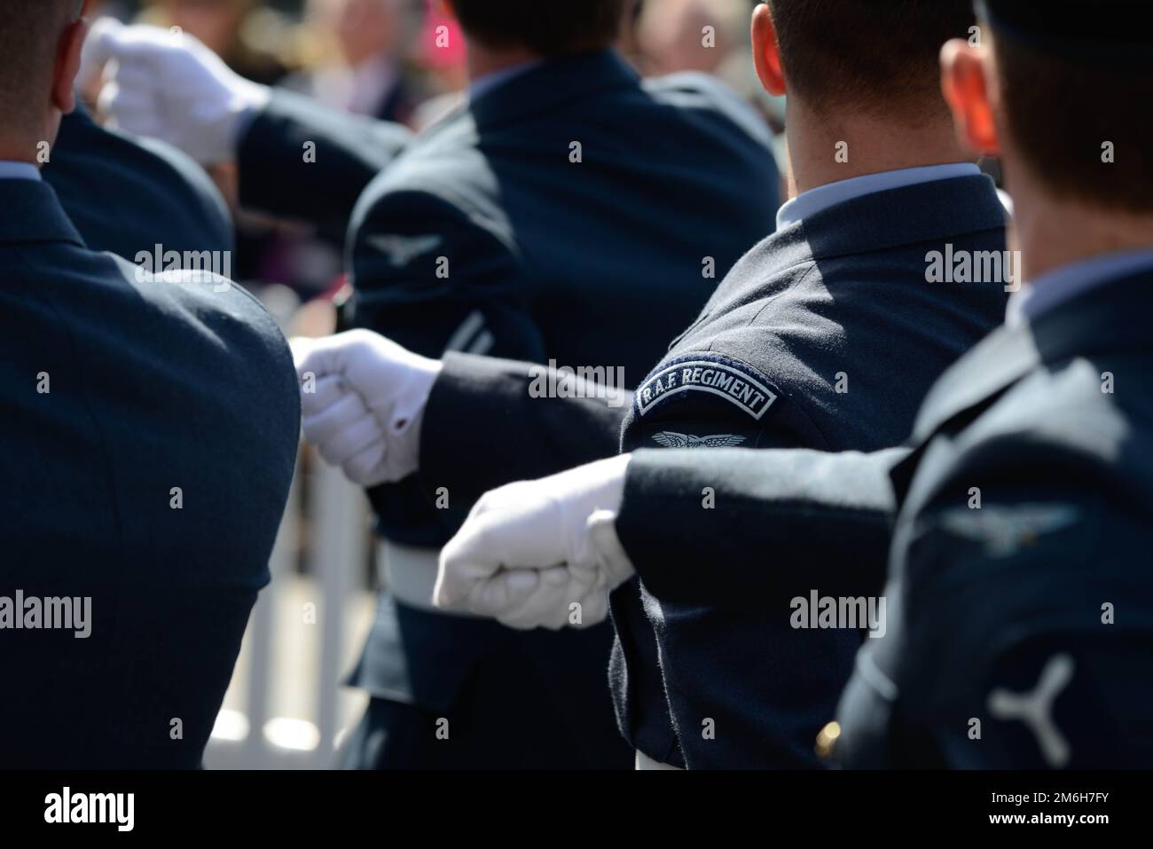 Uniform details RAF Regiment Gunners march on parade Stock Photo