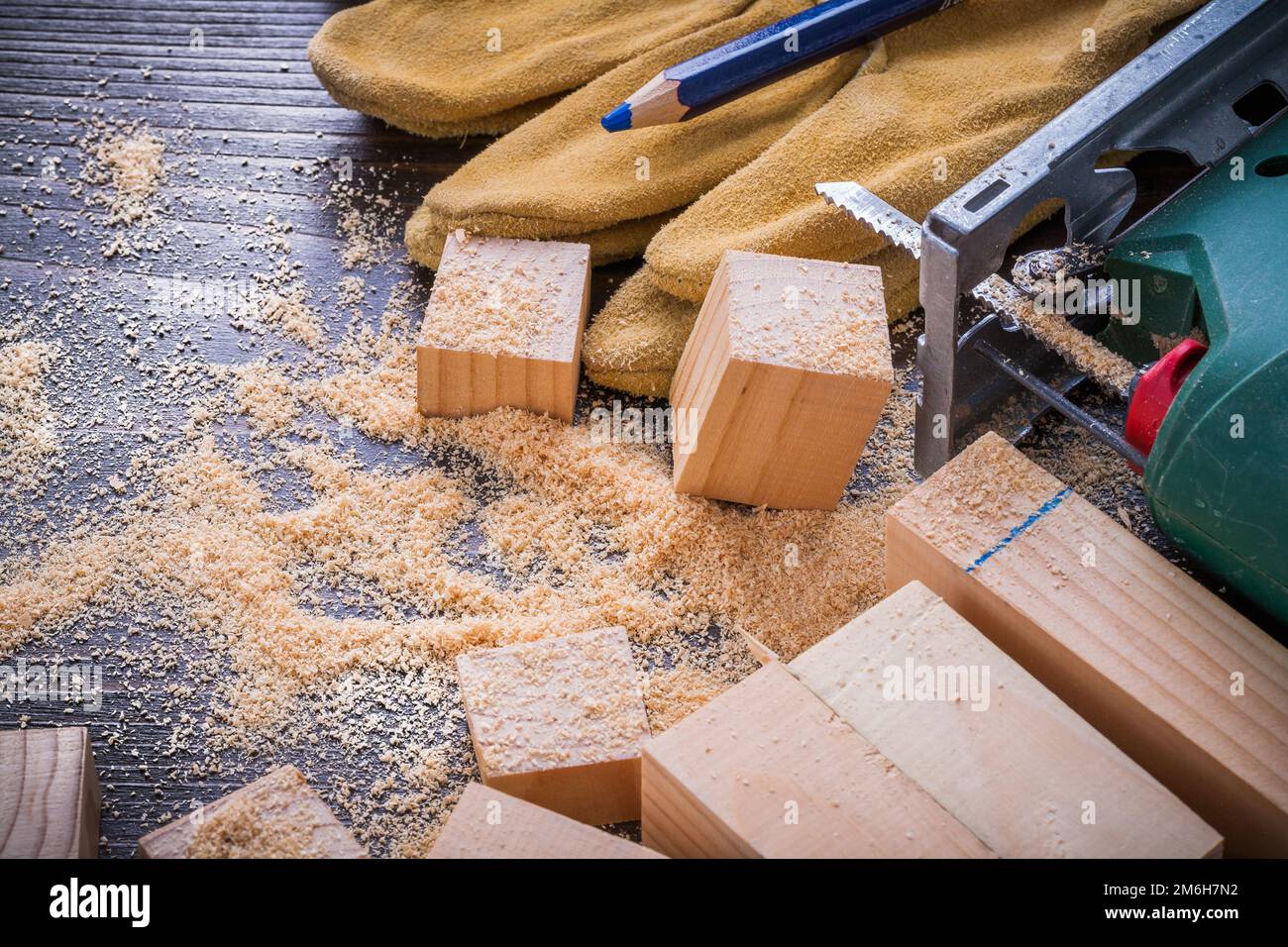 Pencil electric jigsaw sawdust working protective gloves and wooden