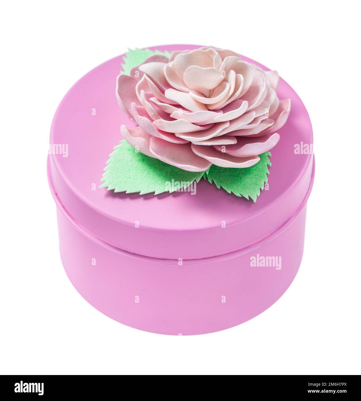 Pink round gift box isolated on white. Stock Photo