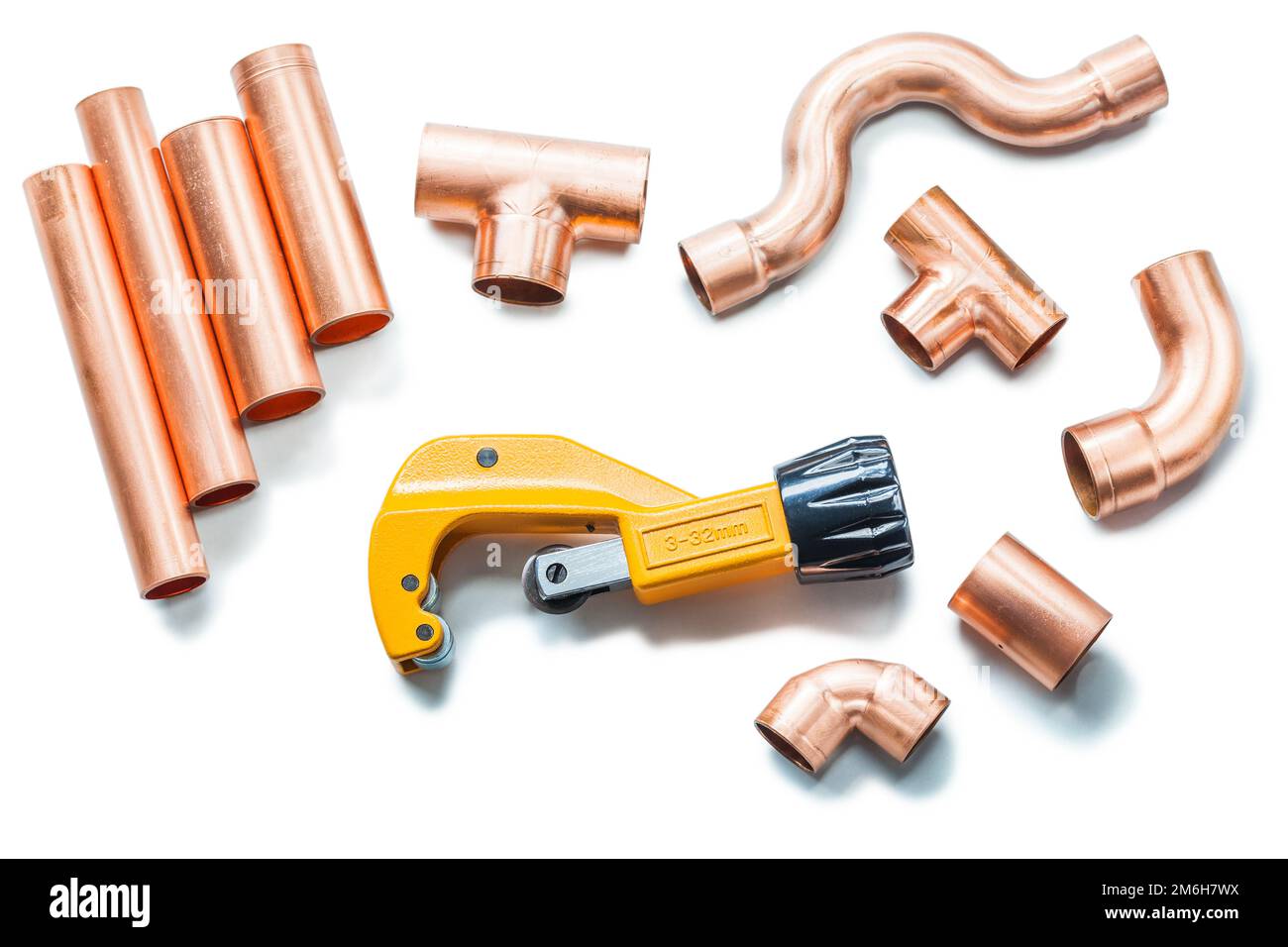 plubing tools copper pipes and fittings with pipe cutter isolated Stock Photo