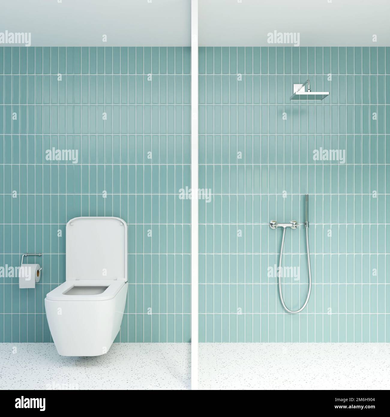 3D rendering White Toilet Bowl in Green Bathroom, White Toilet Bowl And