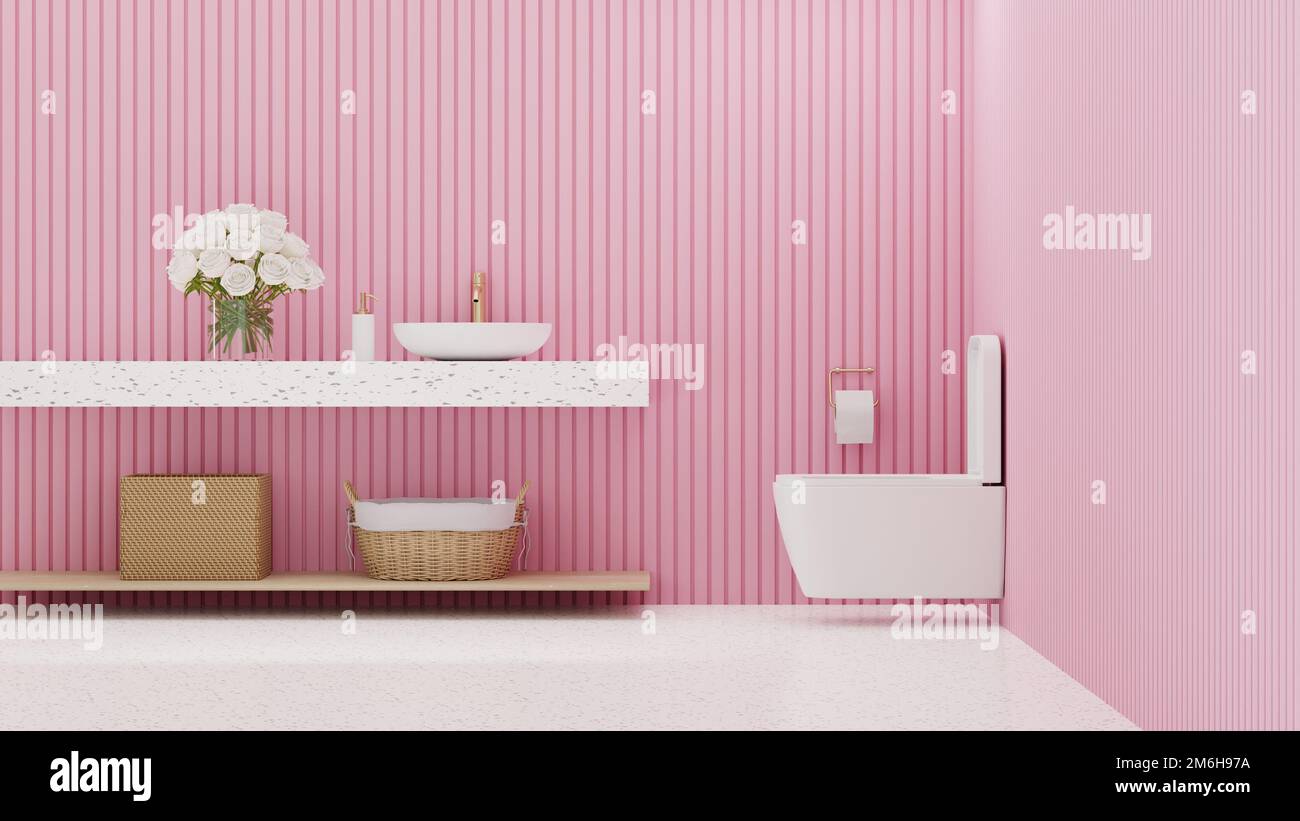 3D rendering Pink Toilet and White Terrazzo Floor Stock Photo