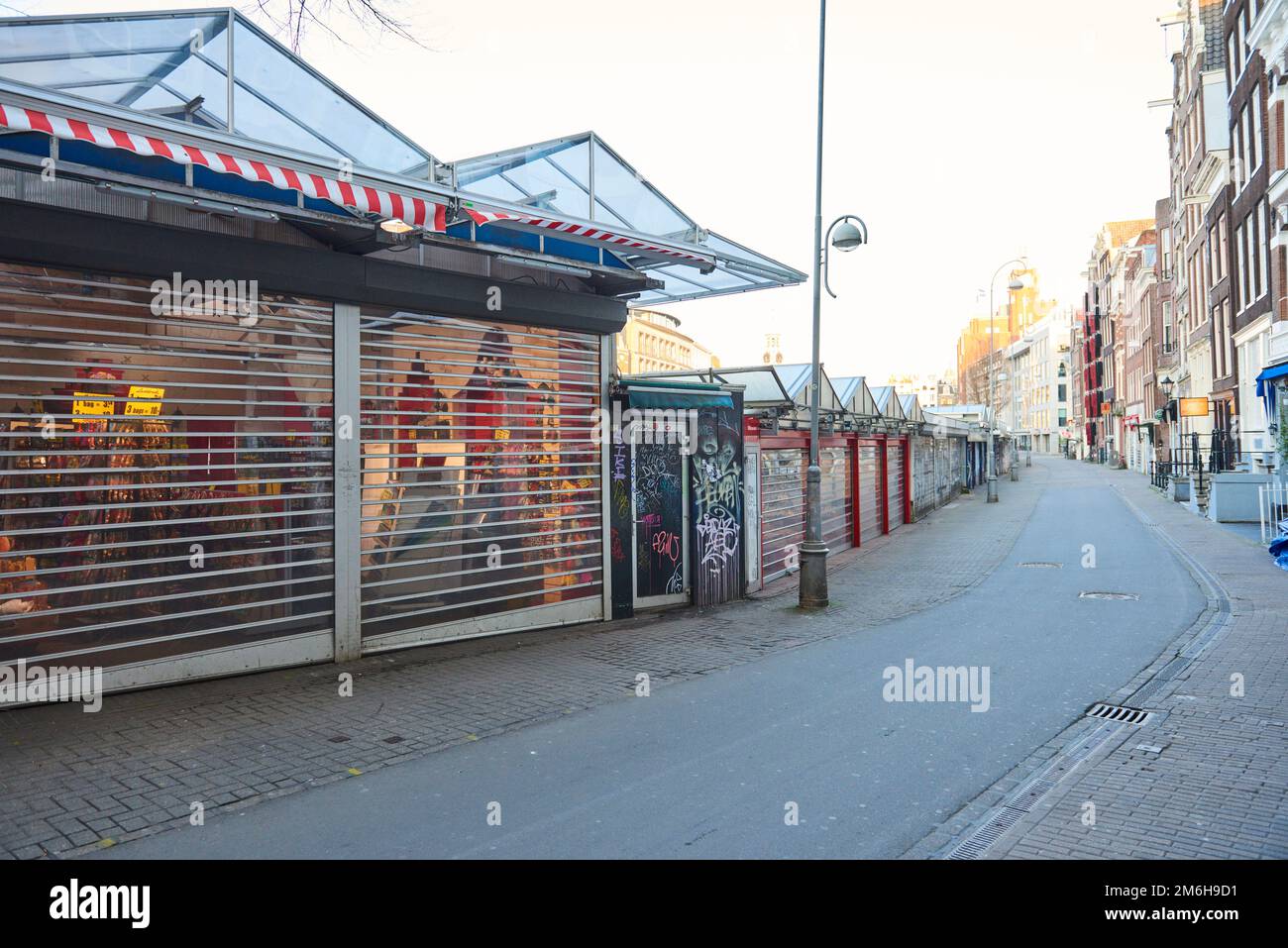 A view of a deserted Flower market during Covid-19 lockdown, in the coronavirus pandemic in Amsterdam Stock Photo