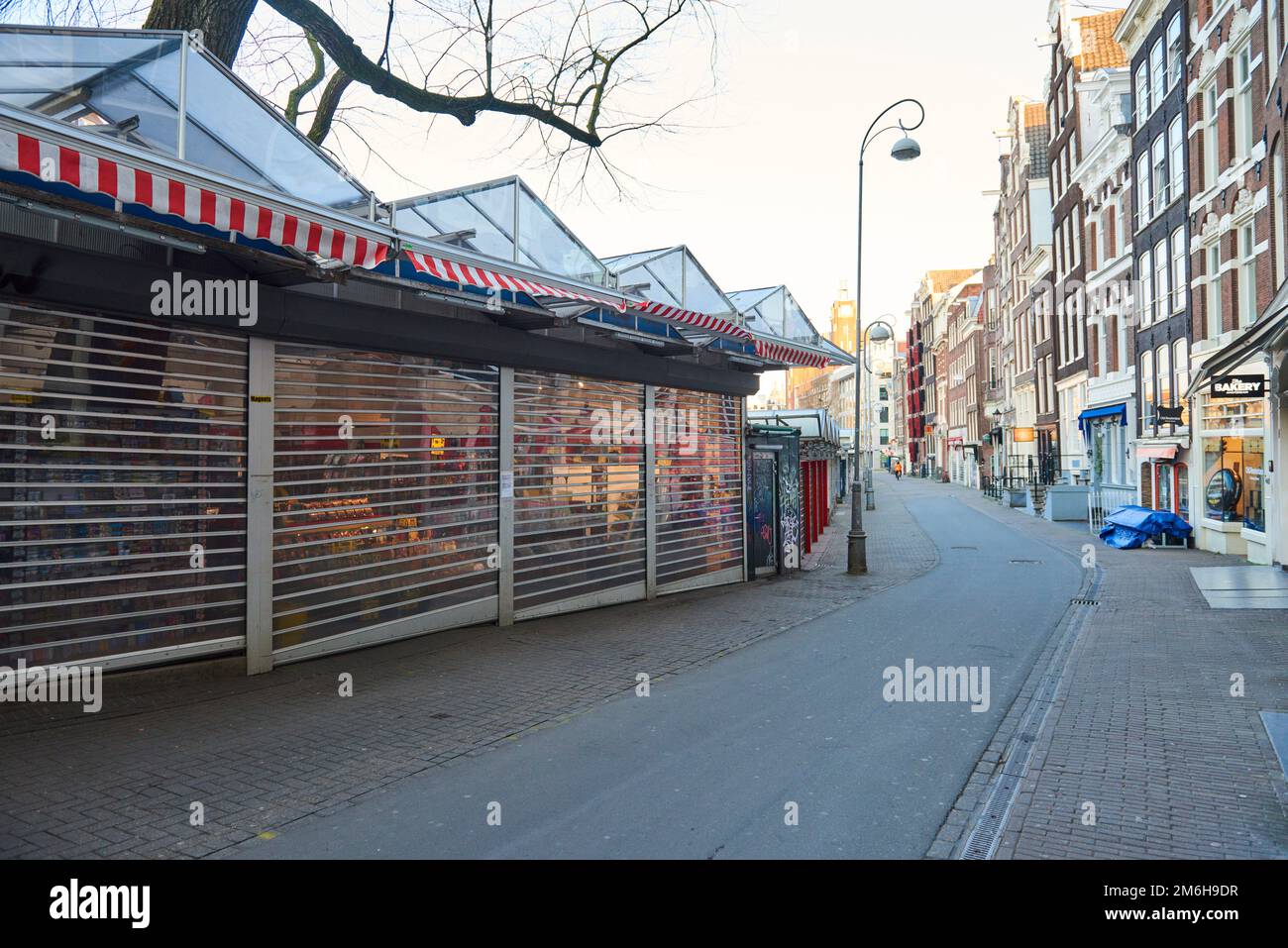 A view of a deserted Flower market during Covid-19 lockdown, in the coronavirus pandemic in Amsterdam Stock Photo