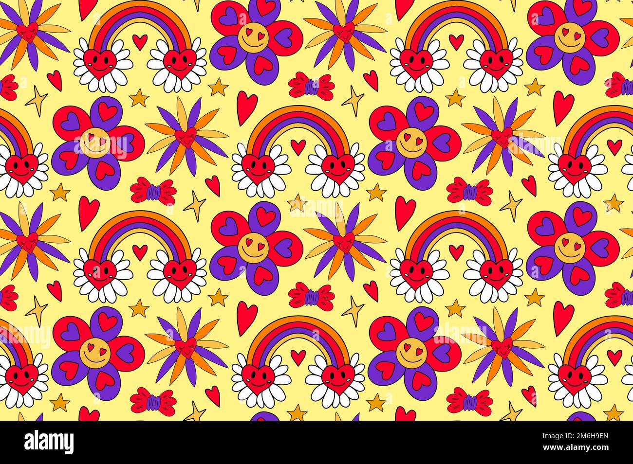 Seamless pattern in trendy retro groovy style. With valentines day