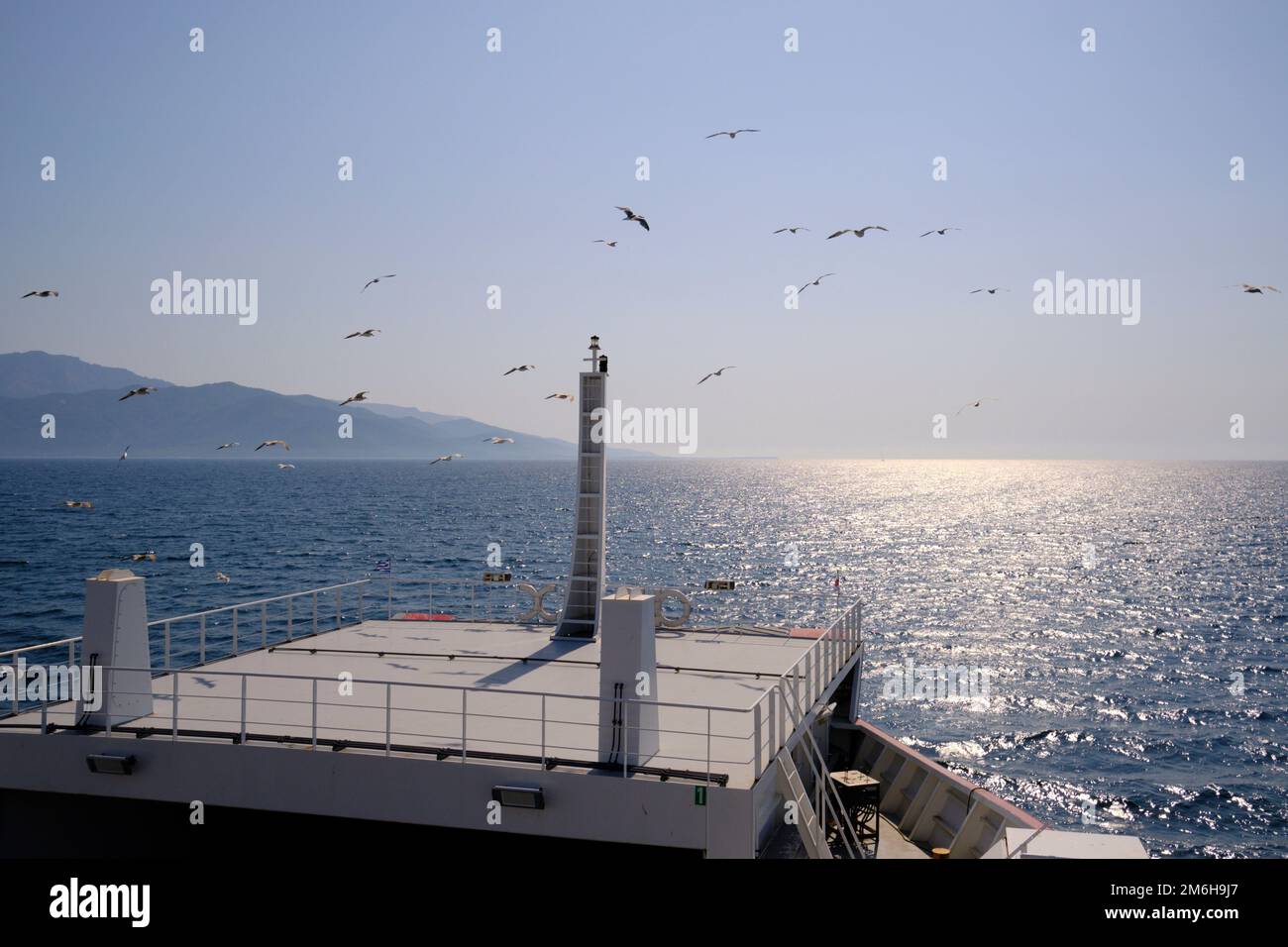 A view of Thasos island on arrival by ferry Stock Photo