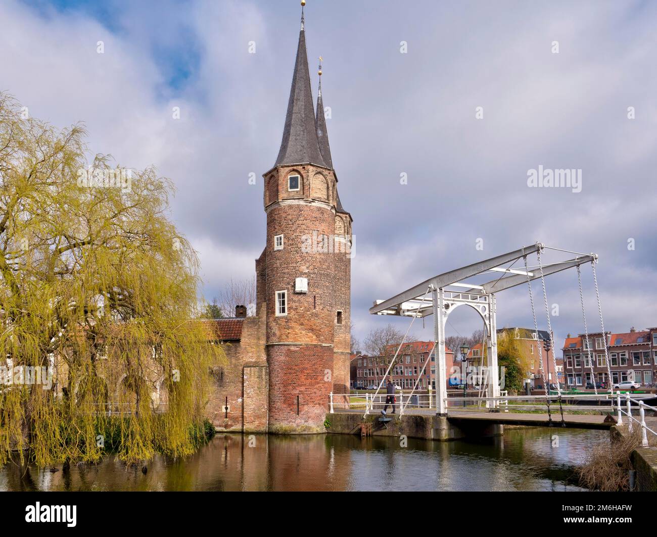 The only preserved city gate Oostpoort is Rijksmonument listed and the bridge, Delft, Zuid-Holland, Holland, Netherlands Stock Photo