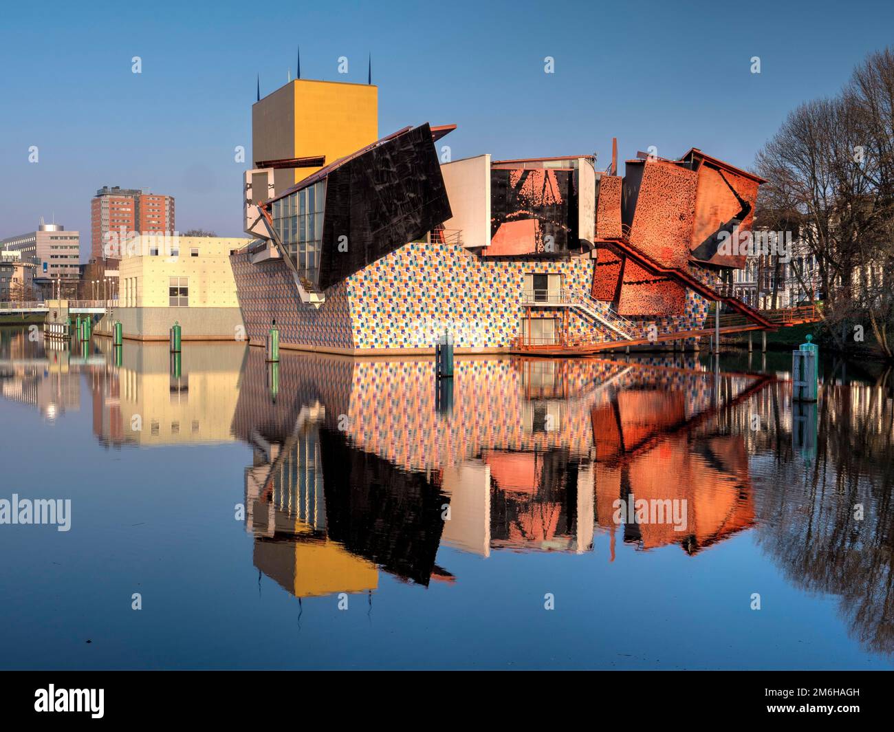 View of the exterior of the building of the Groningen Museum, Art Museum, on the shore of the