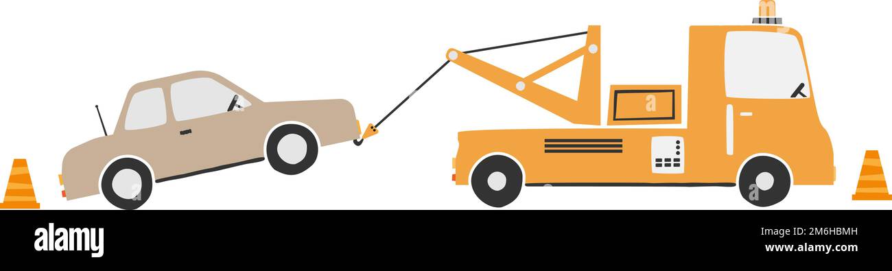 tow truck with car on the hook, scandinavian style vector illustration for children Stock Vector