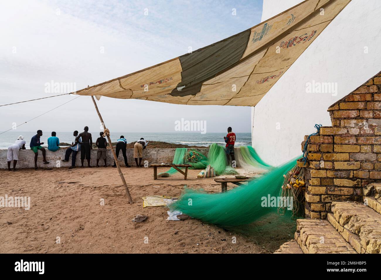 Sun sail, fishing net, people, Cape Coast, Gold Coast, horizon, Ghana ...
