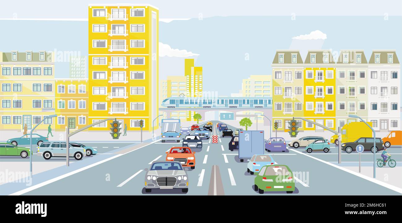 Big city with road traffic and public transport, illustration Stock