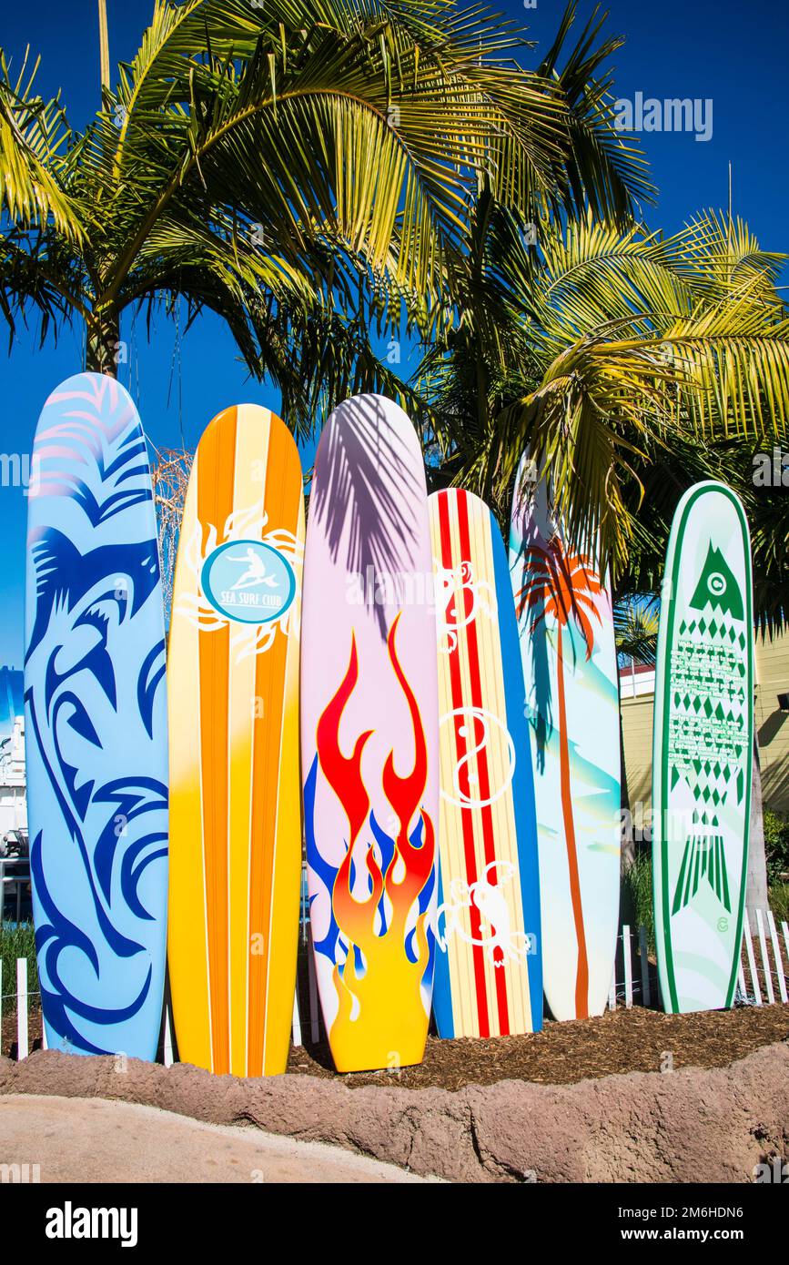 Surfboards in the seaworld aquarium, San Diego, California, USA Stock Photo