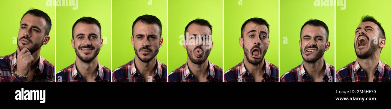 Collection of multiple expressions of young people isolated on green background. Human emotion expressing concept of variety and diversity of feelings Stock Photo
