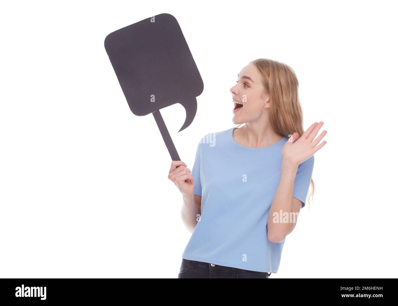Wow. Surprised lady holding white empty board for advertisement and looking at camera with open mouth, isolated on white. Woman with blank advertiseme Stock Photo