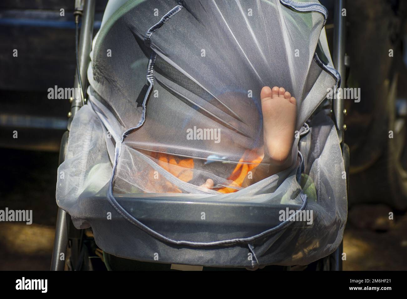 The baby's foot rested against the mosquito net on the stroller. Stock Photo