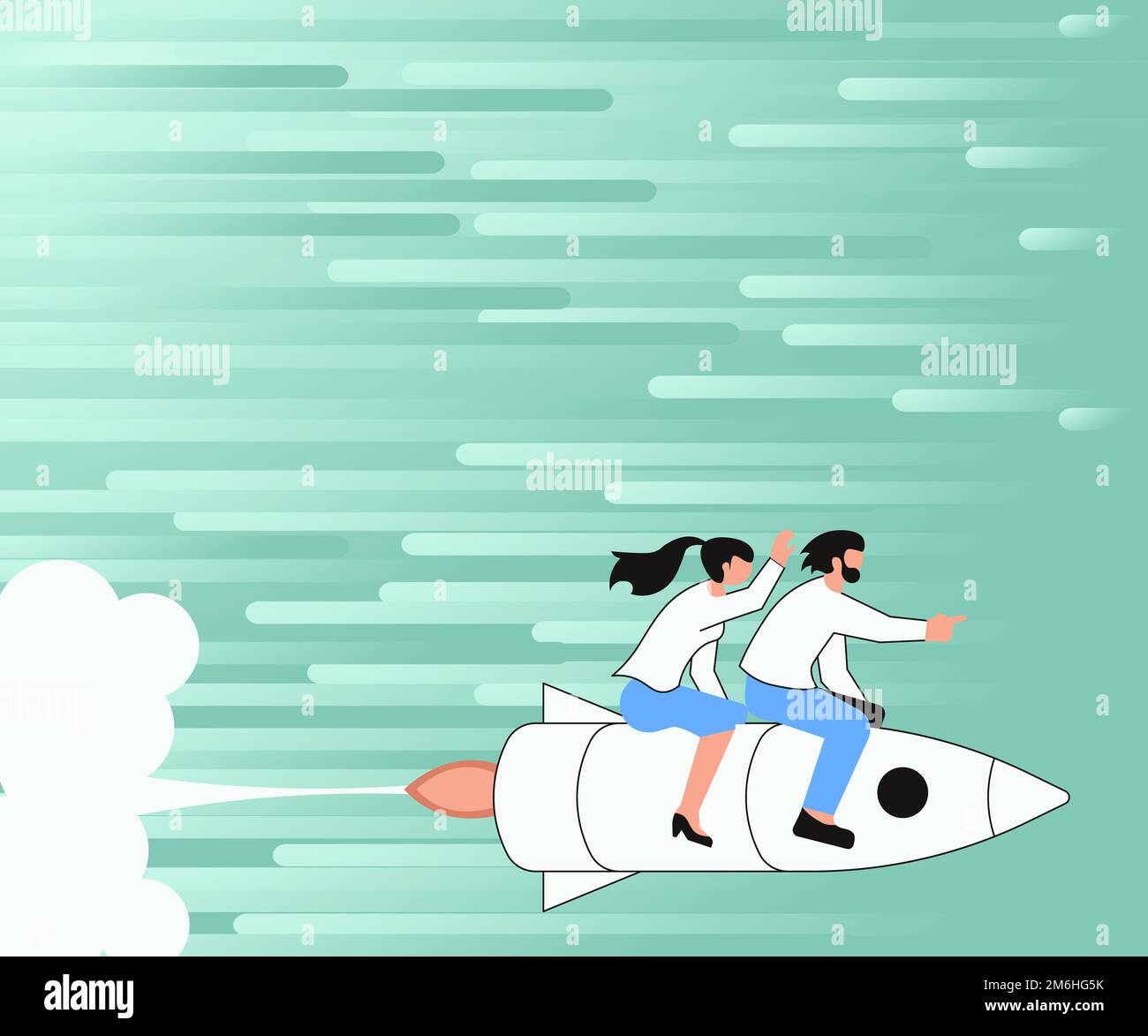 Illustration Of Happy Partners Riding On Fast Rocket Ship Exploring The World. Joyfull Couple Drawing Traveling With Rushing Spa Stock Photo