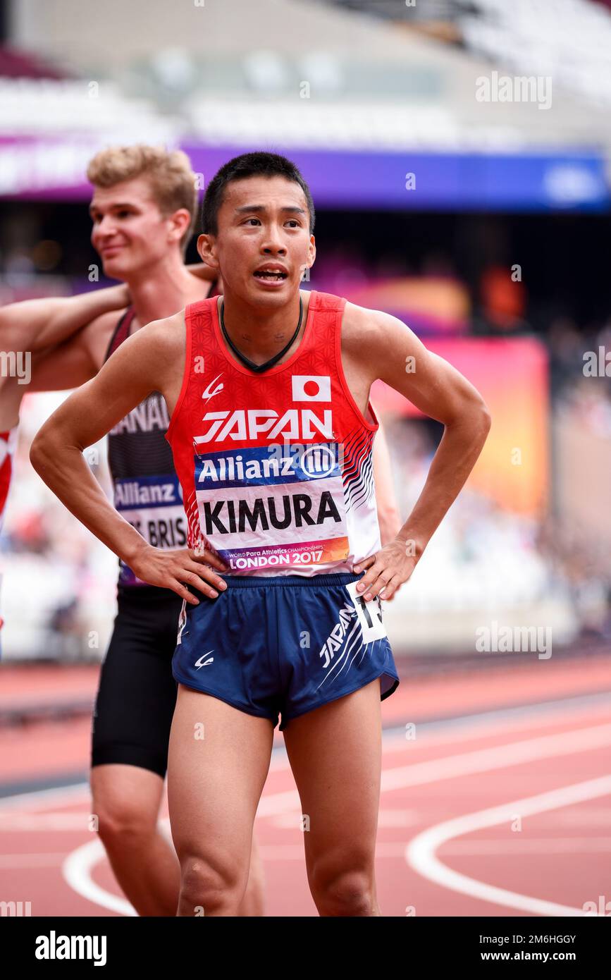Yuya Kimura after competing in the 5000m T20 race at the 2017 World Para Athletics Championships in London, UK. Japanese para athlete Stock Photo