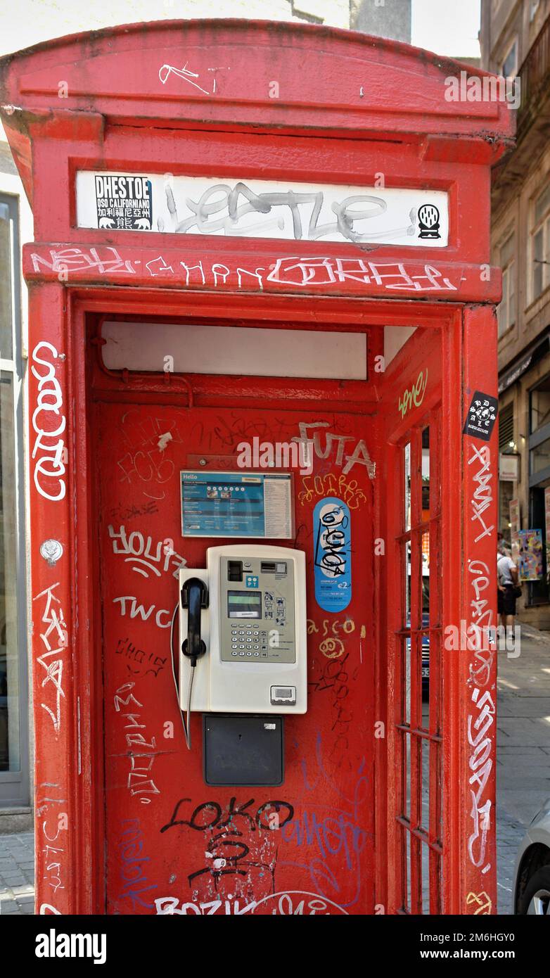 Historical red phone booth in Porto - Portugal Stock Photo