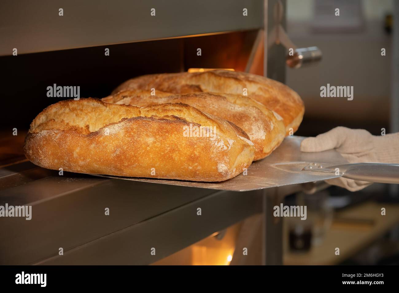 Close-up of a baker's shovel taking freshly baked artisan bread out of the oven. Bread production with copy space Stock Photo