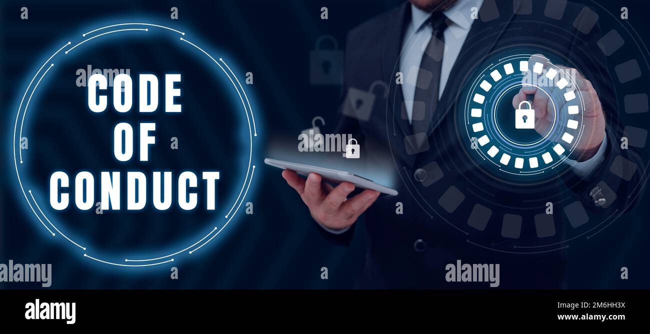 Sign displaying Code Of Conduct. Word for Ethics rules moral codes