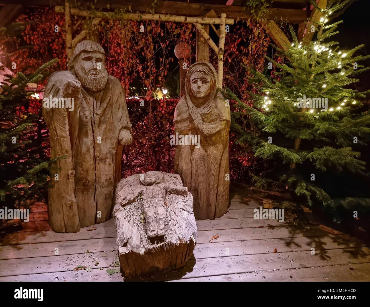 Traditional Christmas nativity scene with figures made out of wood, the ...