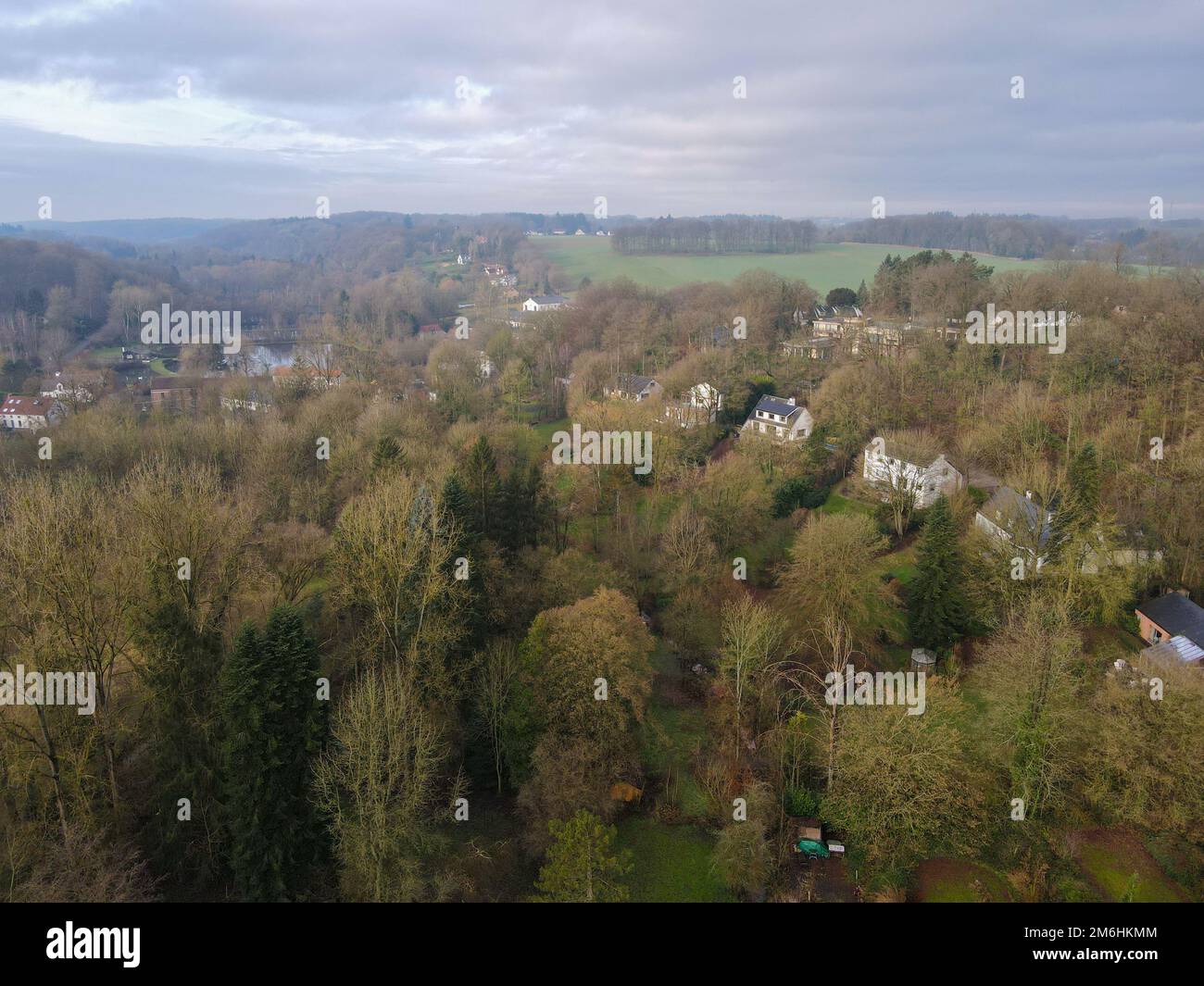 Aerial view of houses surrounded by forest in the country side area of