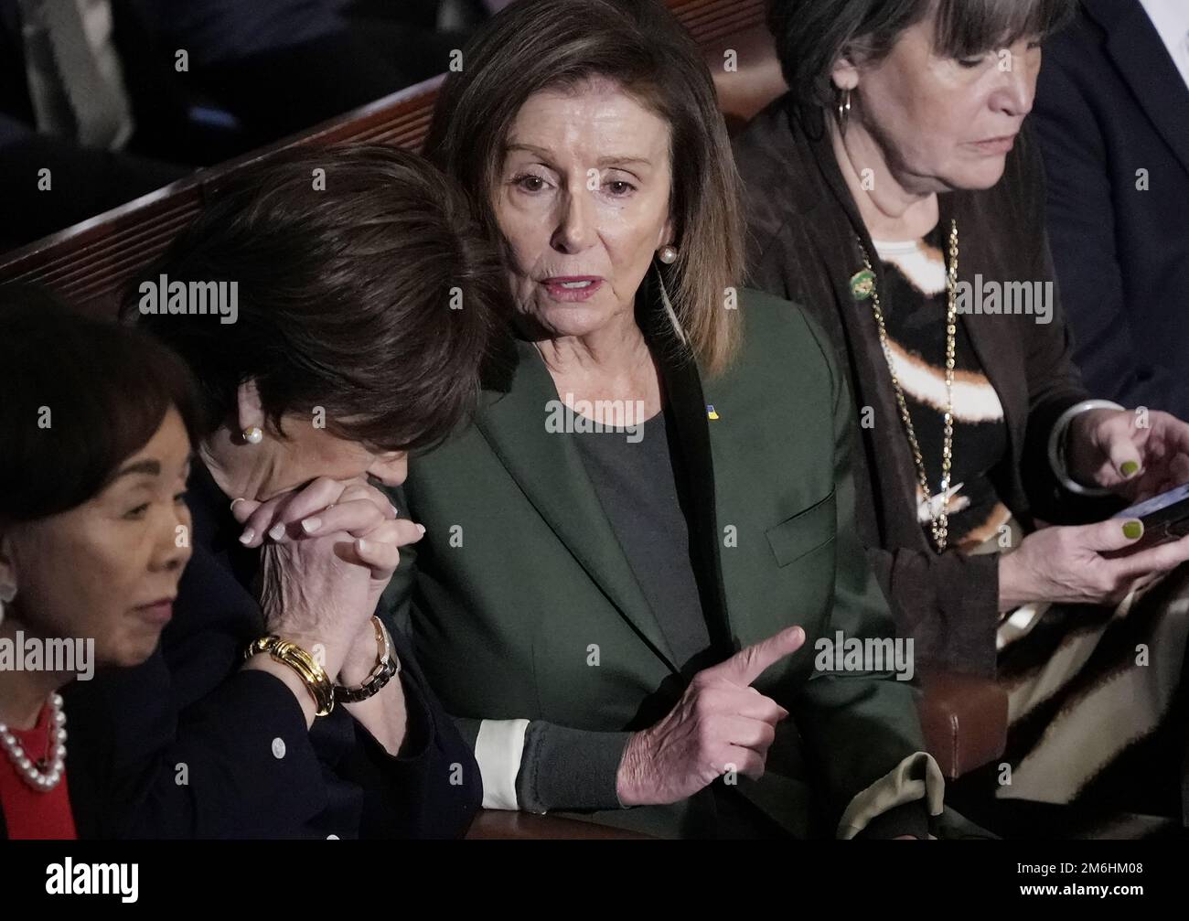 Washington, United States. 04th Jan, 2023. Democratic leader Nancy Pelosi, D-CA, (C) speaks to Rep. Anna Eshoo, D-CA, as voting for Speaker of the House continues at the U.S. Capitol in Washington, DC on Wednesday, January 4, 2023. Photo by Ken Cedeno/UPI Credit: UPI/Alamy Live News Stock Photo