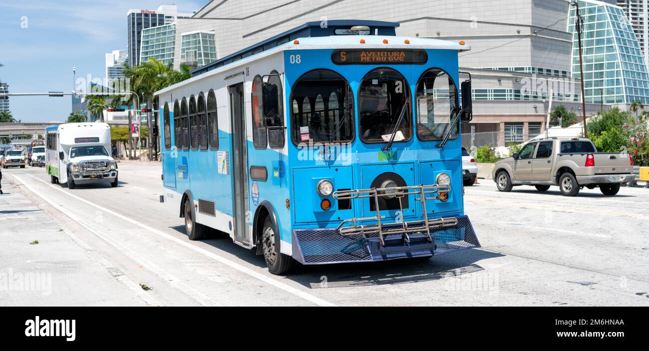 Miami Beach, Florida USA - April 15, 2021: blue miami dade city bus, corner view Stock Photo