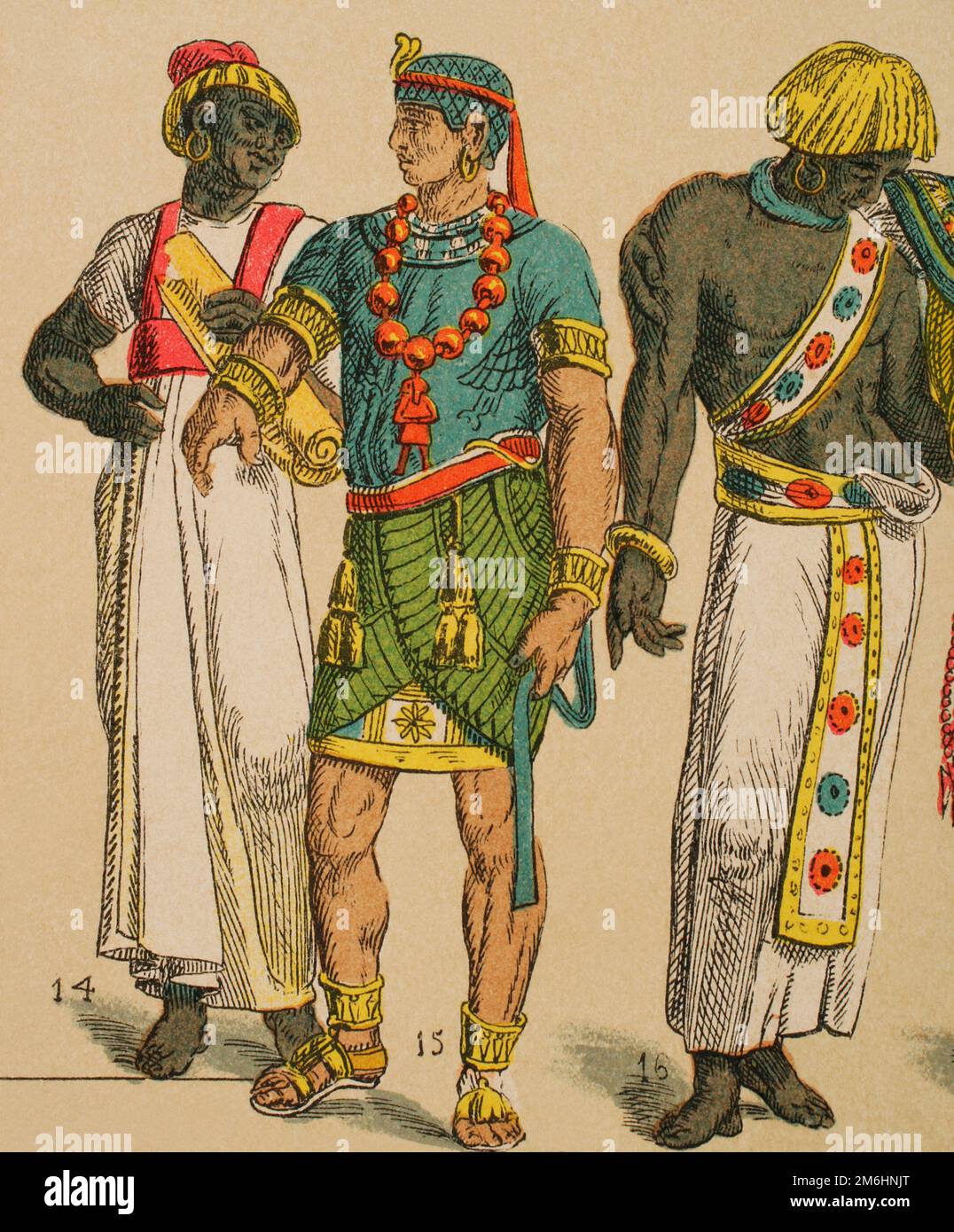 Ancient Egypt. From left to right; 14: scribe, 15: nobleman's jacket, 16: belt-like sash narrow and long with with embroidery in various colours. Chromolithography. 'Historia Universal' (Universal History), by Cesar Cantu. Volume I, 1881. Stock Photo