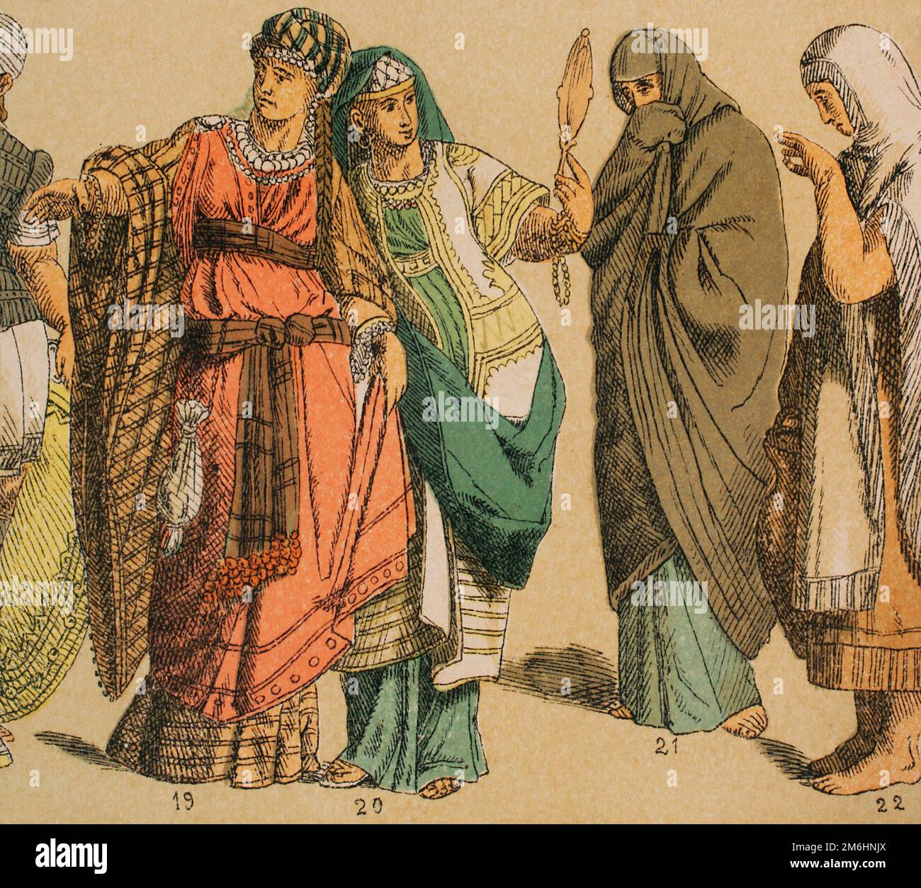 Hebrews. From left to right; 19-20: ladies clothing, 21: Hebrew woman in street clothes, 22: Assyrian-Hebrew mixed costume. Chromolithography. 'Historia Universal' (Universal History), by Cesar Cantu. Volume I, 1881. Stock Photo